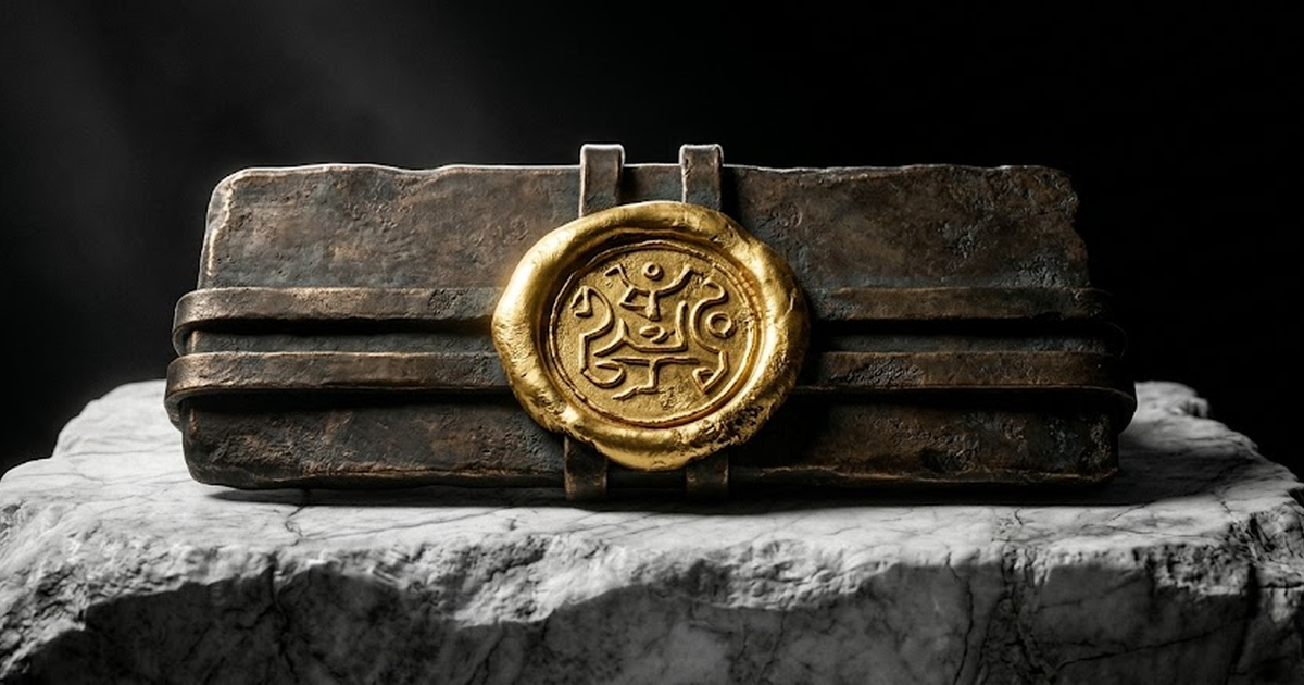 A single sealed bronze tablet resting on a marble plinth, its surface bound shut by a heavy gold wax seal pressed into aged bronze, satin gold #D4AF37 catching the rim of the seal, pure void black #05