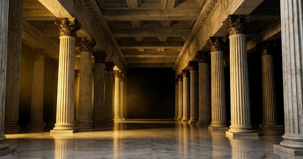 A towering marble colonnade of a classical temple hall receding into pure void black #050505, satin gold #D4AF37 light grazing the fluted columns, aged bronze capitals, polished white-to-grey marble f