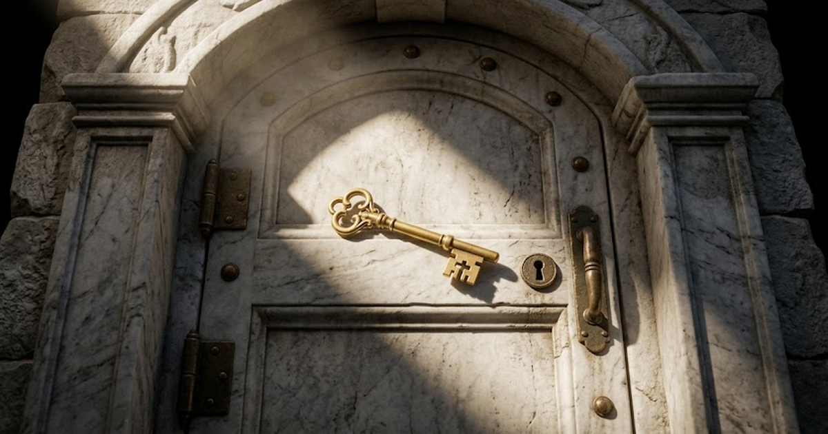 A single antique gold key lying across a closed marble vault door, the key in satin gold #D4AF37, the vault carved from white-to-grey marble with aged bronze hinges, pure void black #050505 background