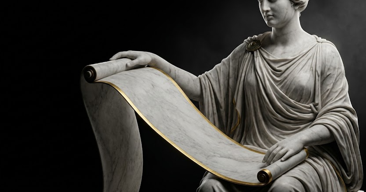 A carved marble statue of Mnemosyne, goddess of memory, holding an unrolled marble scroll, satin gold #D4AF37 edging the scroll, aged bronze drapery clasp, white-to-grey marble with soft veining, pure