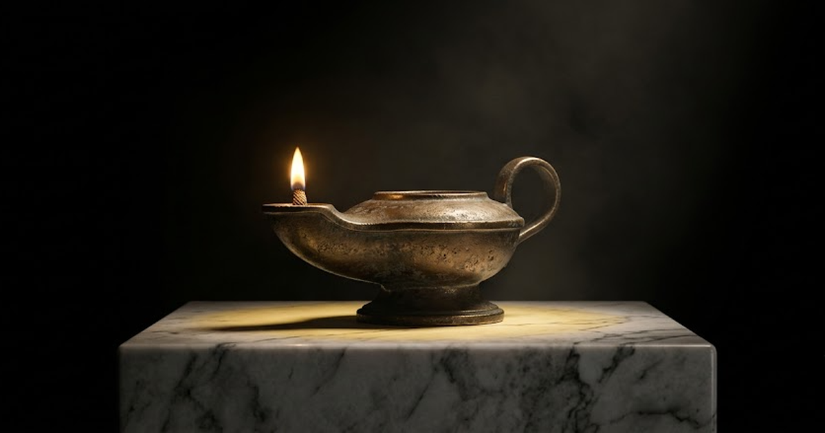 A bronze oil lamp burning with a small gold flame on a marble plinth, satin gold #D4AF37 light pooling around the lamp, aged bronze body, white-to-grey marble base, pure void black #050505 background 
