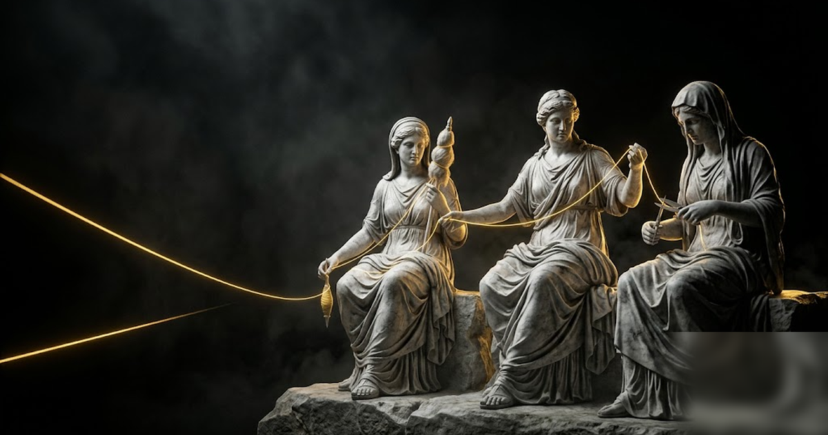 The three Moirai, Greek Fates, holding a single glowing gold thread stretching into darkness, marble on void black