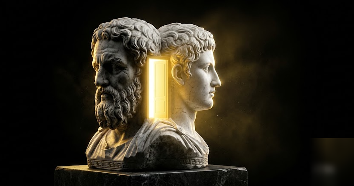 Janus, a marble two-faced bust looking to past and future across a gold threshold, void black background