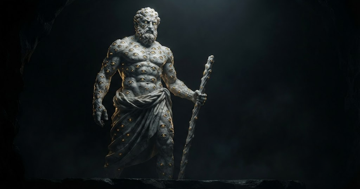 A colossal marble figure of the many-eyed giant Argus covered in watchful eyes standing in gold-lit darkness