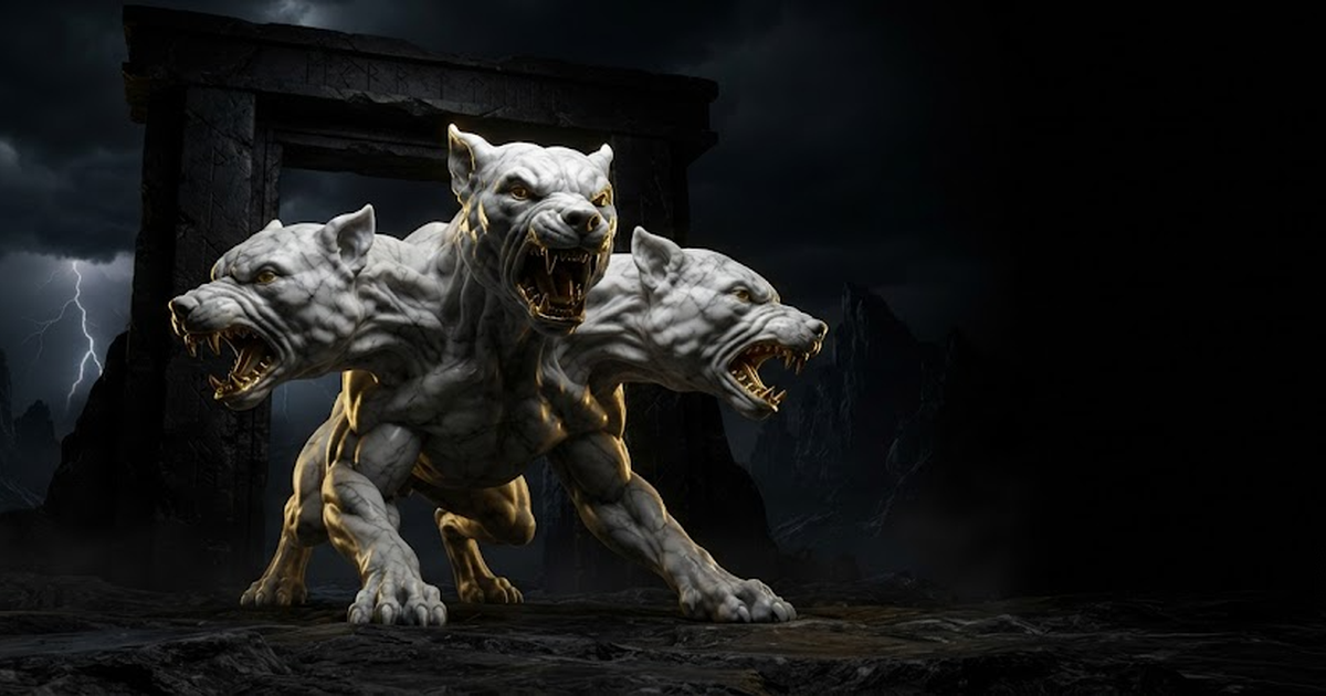 A colossal marble figure of Cerberus the three-headed hound guarding a dark threshold in gold light