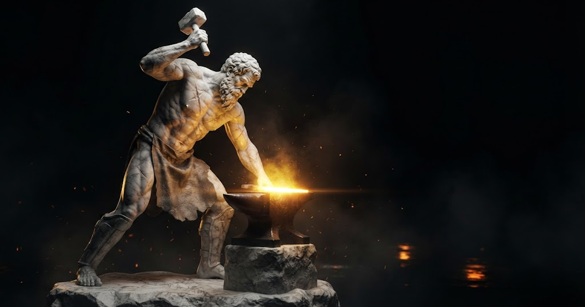 A colossal marble figure of Hephaestus the smith forging at an anvil in gold light against black