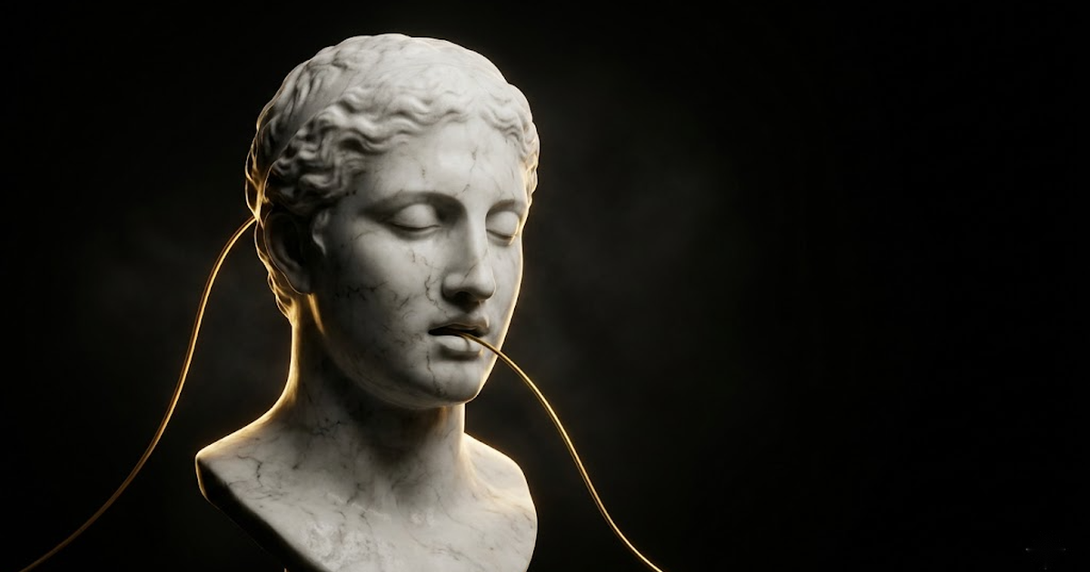 A marble bust with a single gold thread passing in through the mouth and out through the back of the head, depicting instructions and data sharing one channel.