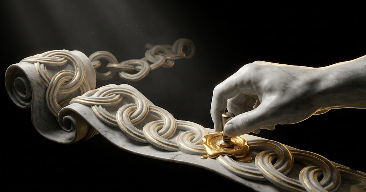 A marble hand pressing a glowing gold seal onto a scroll formed of an unbroken chain of marble links.