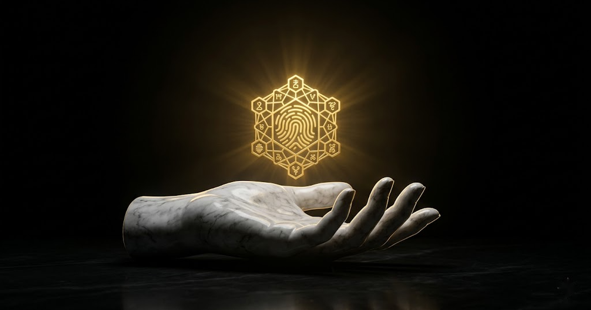 A single glowing gold lattice sigil hovering above an open marble hand against black, representing a cryptographic fingerprint held aloft while the data stays unseen.