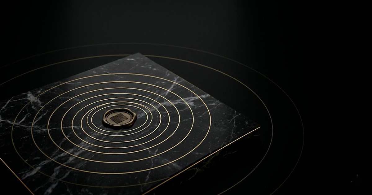 Concentric gold rings radiating outward from a central wax seal on dark marble, the outermost ring fading into shadow, representing layered attestation from action to chain to external witness.