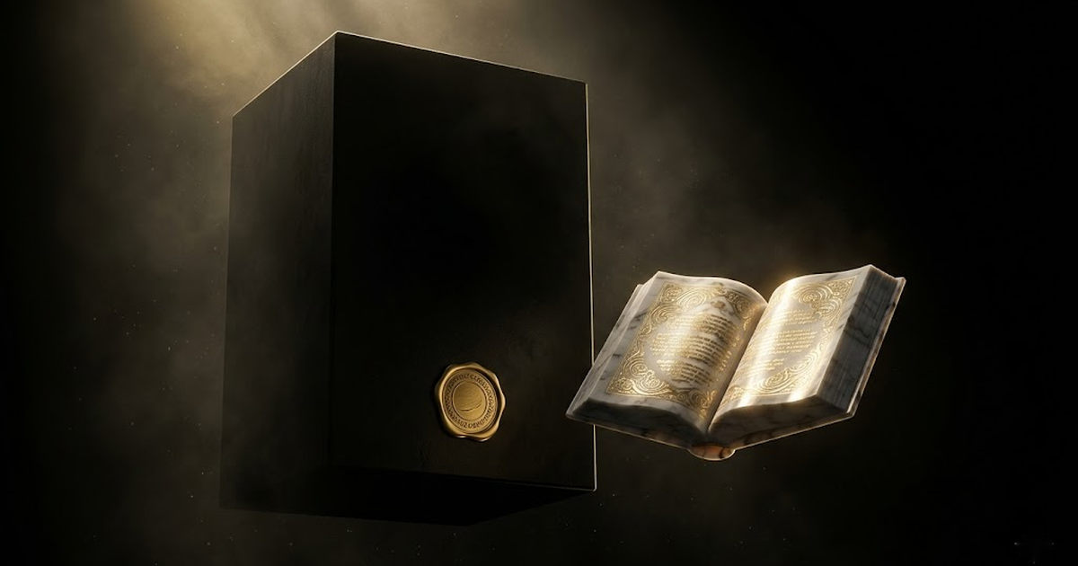 Five gold seals fusing into a single luminous tablet, each carrying an engraved symbol for model, prompt, authority, reasoning and signature, void-black ground, satin gold light