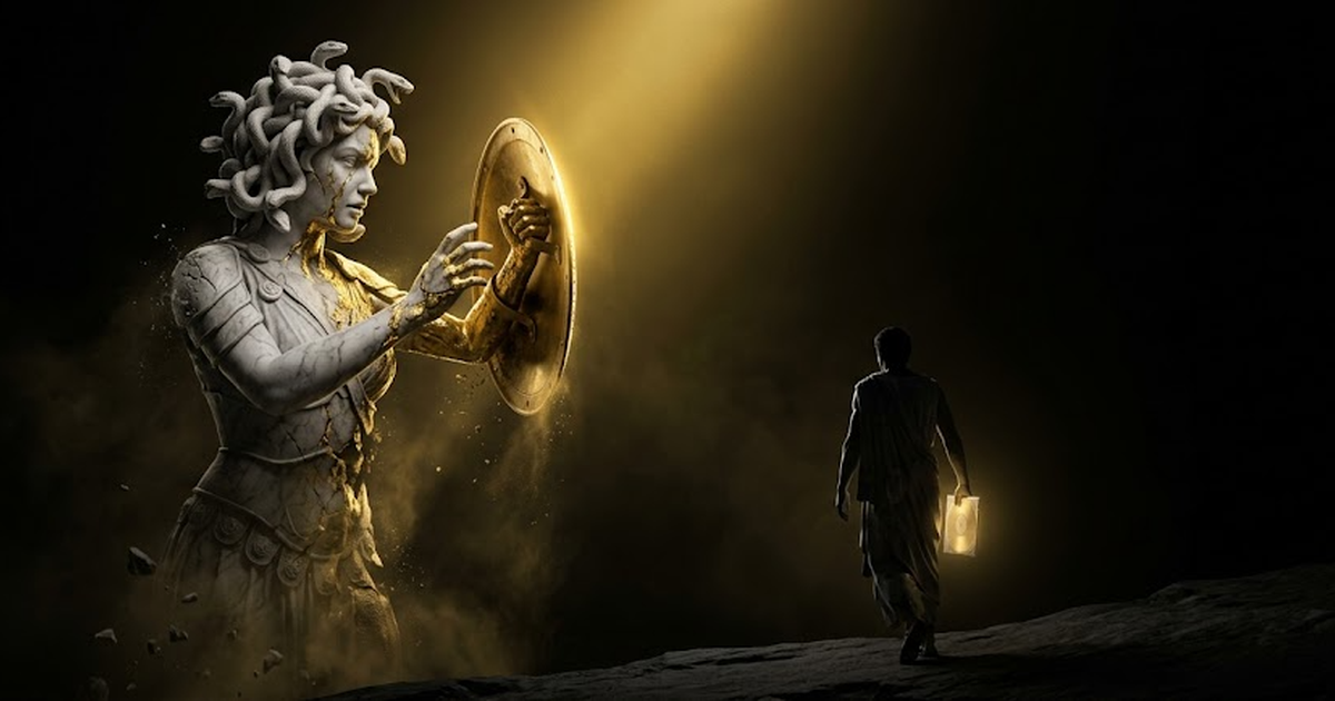 A sealed gold audit tablet resting on a Bitcoin-anchored plinth, the Pantheon colonnade rising behind it in satin gold against a void-black storm sky, fifty faint brain-glyphs glowing along the architrave