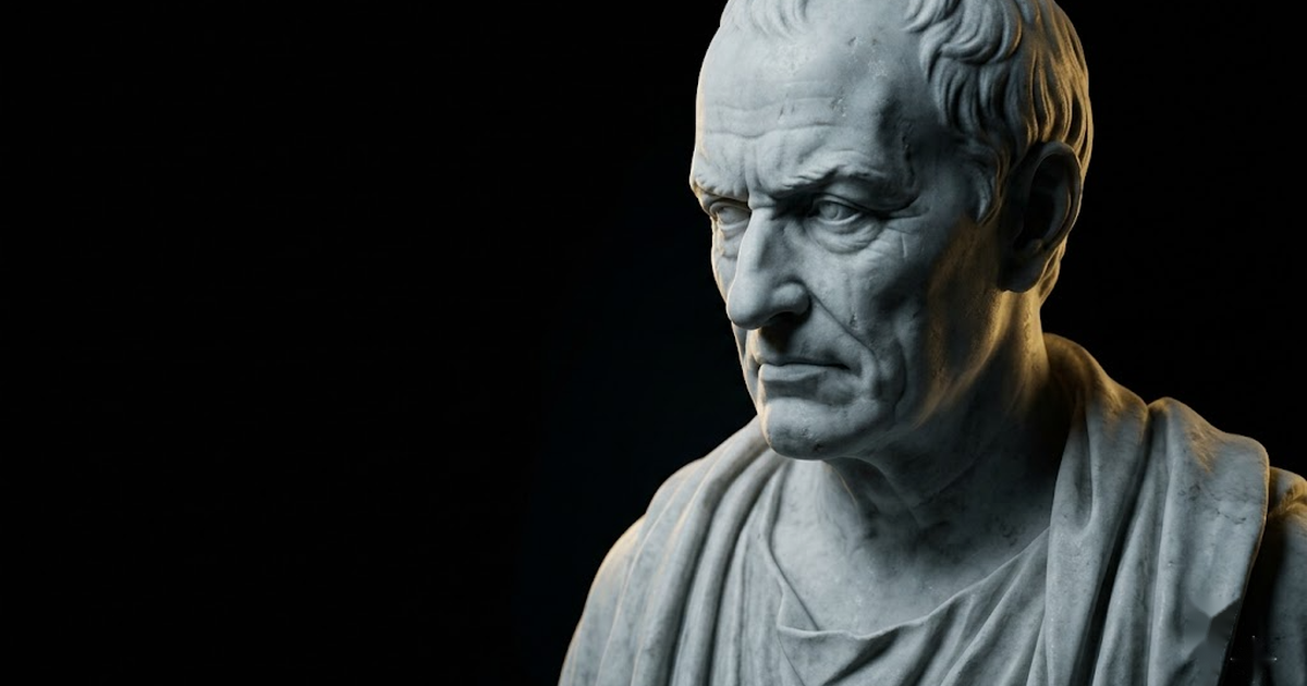 A marble bust of a stern philosopher in profile, half-lit by gold rim light against void black, examining something unseen.