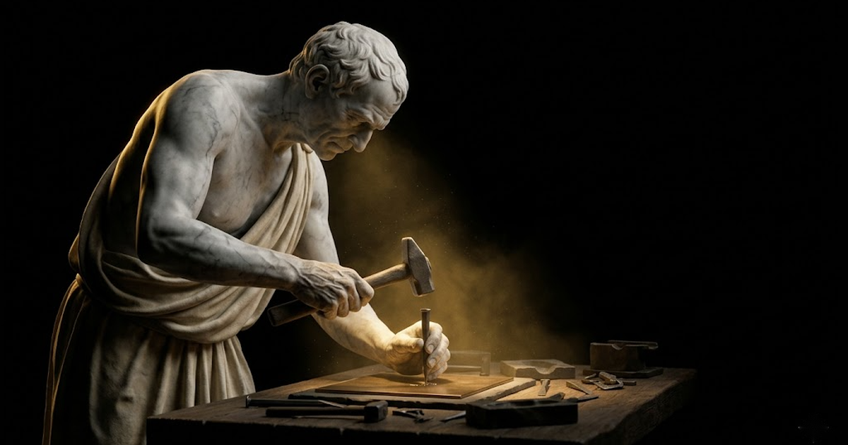 Daedalus, the master craftsman, stamping a maker's mark into metal at his workbench under low golden light