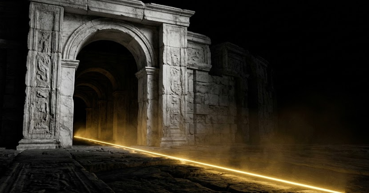 Ariadne's single glowing gold thread leading from the foreground into the mouth of a dark stone labyrinth