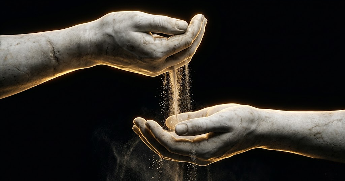 A marble statue's hands pouring fine sand or dust from one palm into another against black