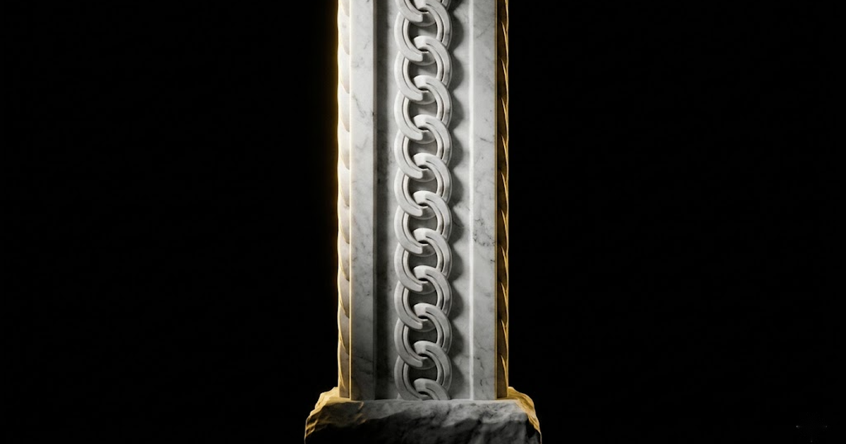 A marble pillar carved with linked chain-like relief, sharply lit, anchored in darkness