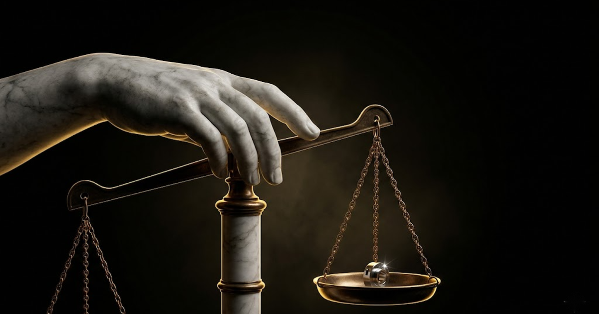 A classical marble hand resting on perfectly balanced scales weighing a small machined part, lit by a single gold rim light against black.