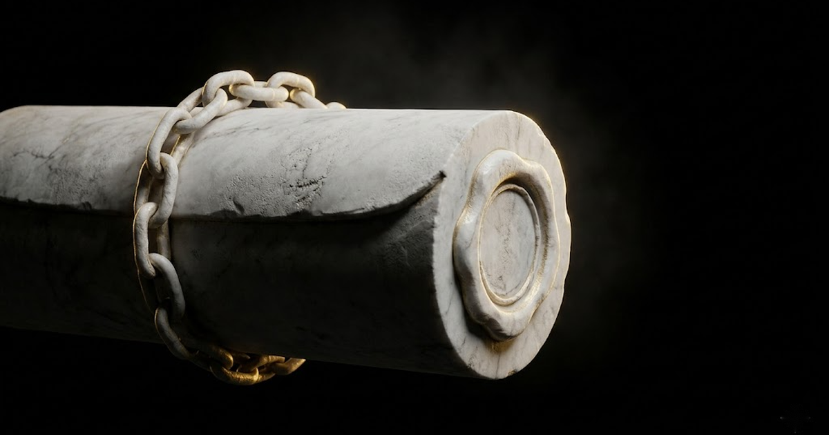 A marble scroll-case sealed shut by an unbroken carved chain of links, each link catching a thin gold light against deep black.