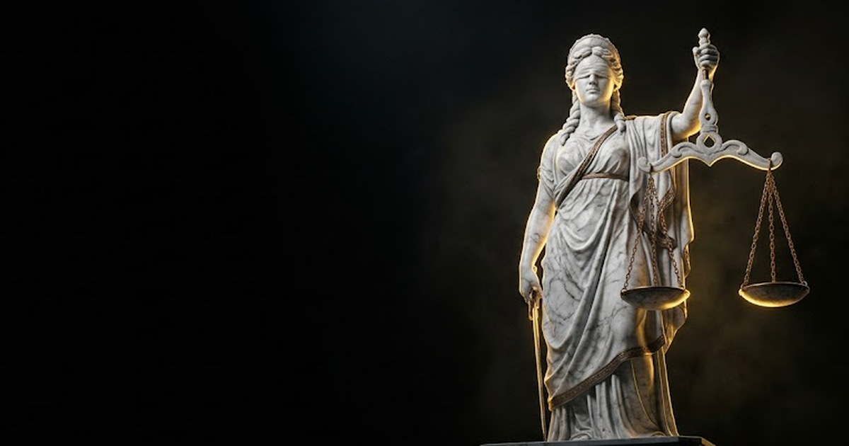 A colossal marble statue of Themis holding scales, lit by a single hard gold rim light against pure void black, deep negative space to one side