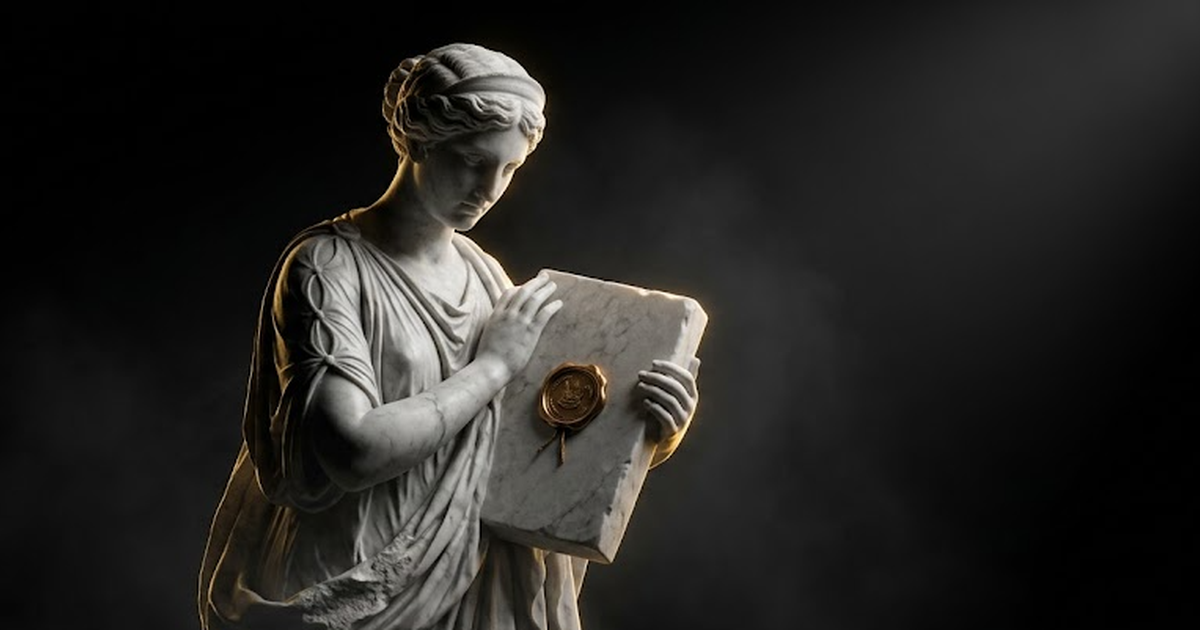 A marble figure of Mnemosyne, goddess of memory, holding a sealed tablet, gold light catching the seal against black