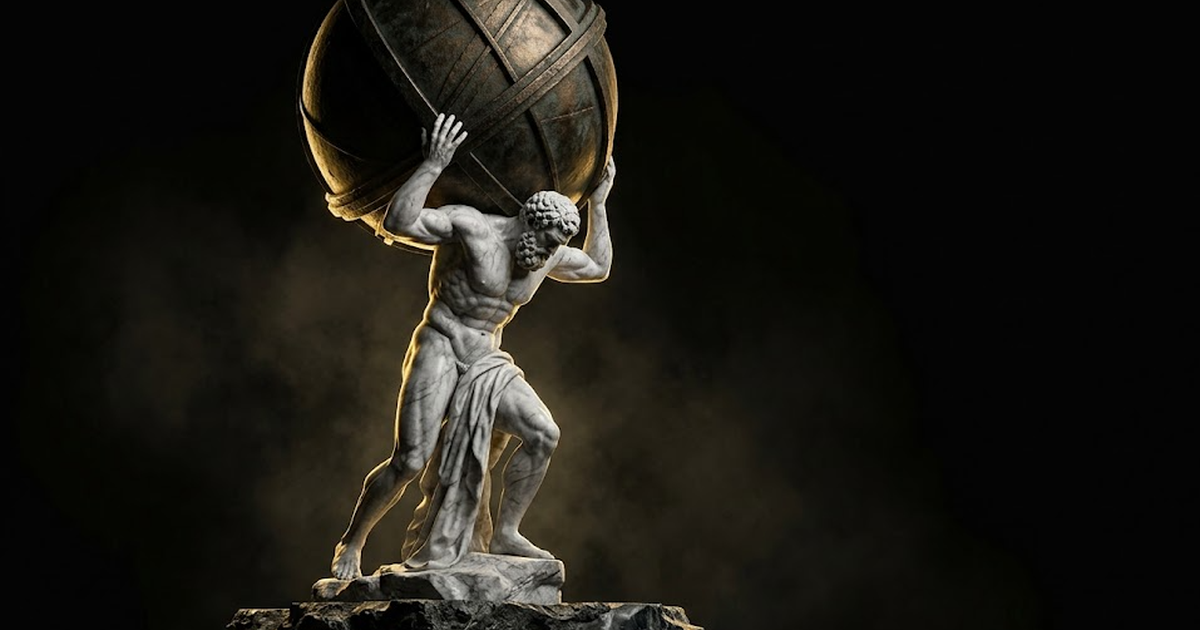 A towering marble statue of Atlas bearing a structured weight on his shoulders, gold rim light tracing the strain, vast black negative space