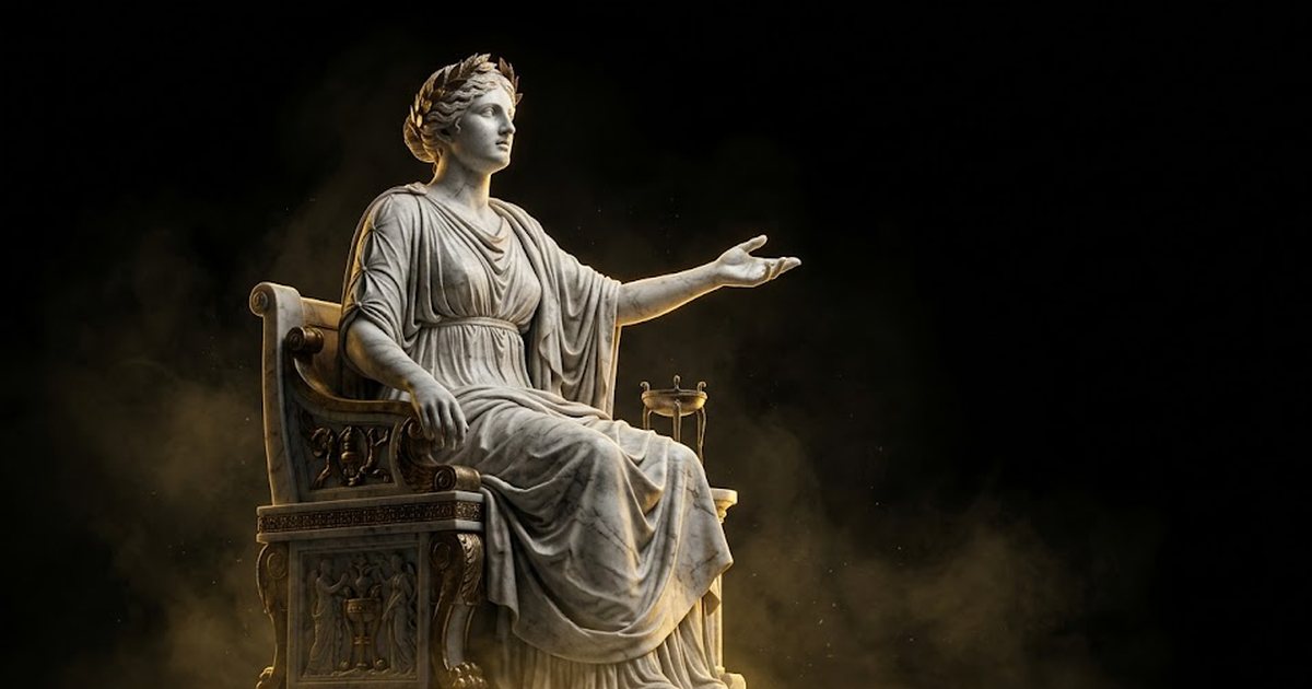 The Delphic Oracle as a marble seated figure, one hand extended in explanation, gold light from below, deep shadow and haze around her