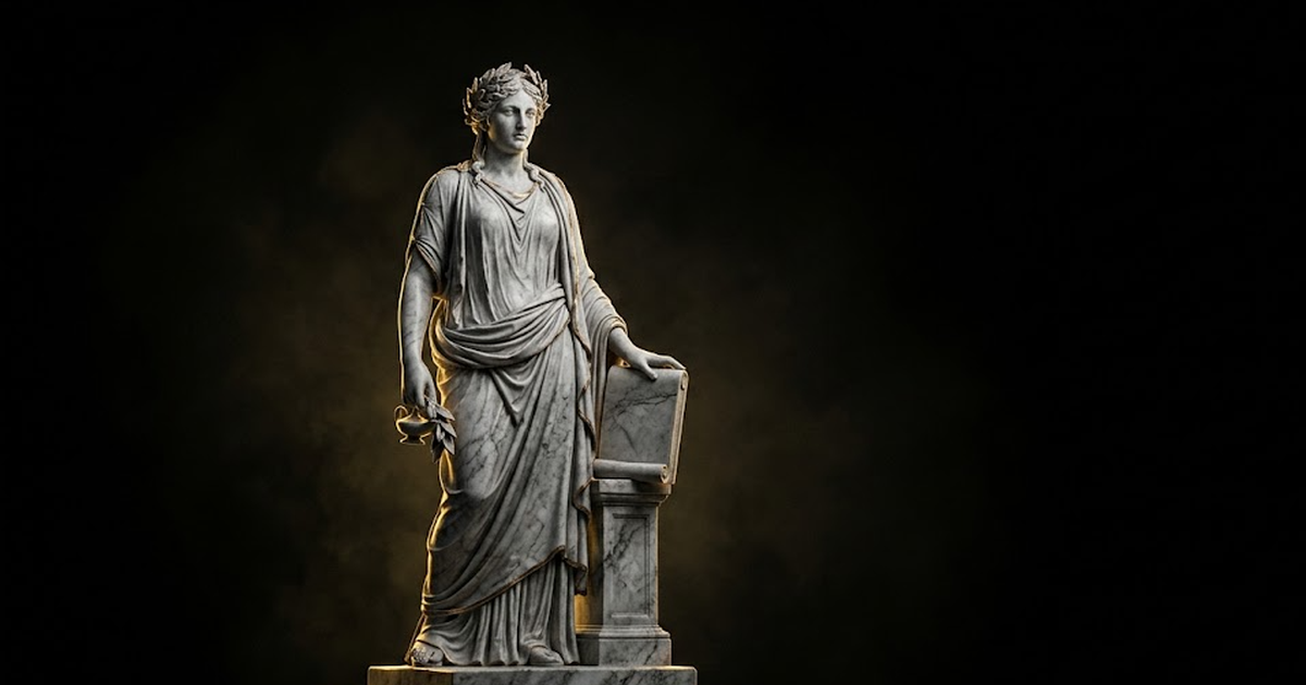 Mnemosyne, goddess of memory, carved in white marble, one hand resting on a closed stone tablet, gold light tracing the carved edge against deep black negative space.