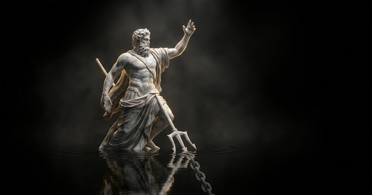 Poseidon rising from still black water, trident planted, anchoring a single carved marble chain that descends into the dark, gold rim light along his shoulder.