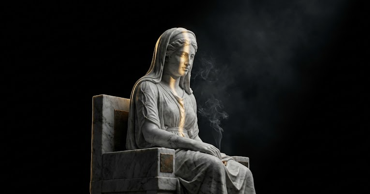 The Delphic Oracle seated in shadow, a thin shaft of gold light falling across her marble face as she gives an account, smoke curling into the black around her.