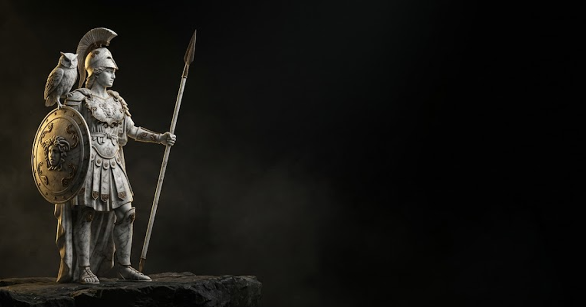 Athena standing in full marble armour over a vast dark expanse, owl on her shoulder, a single hard gold rim light defining her edge against immense void black.