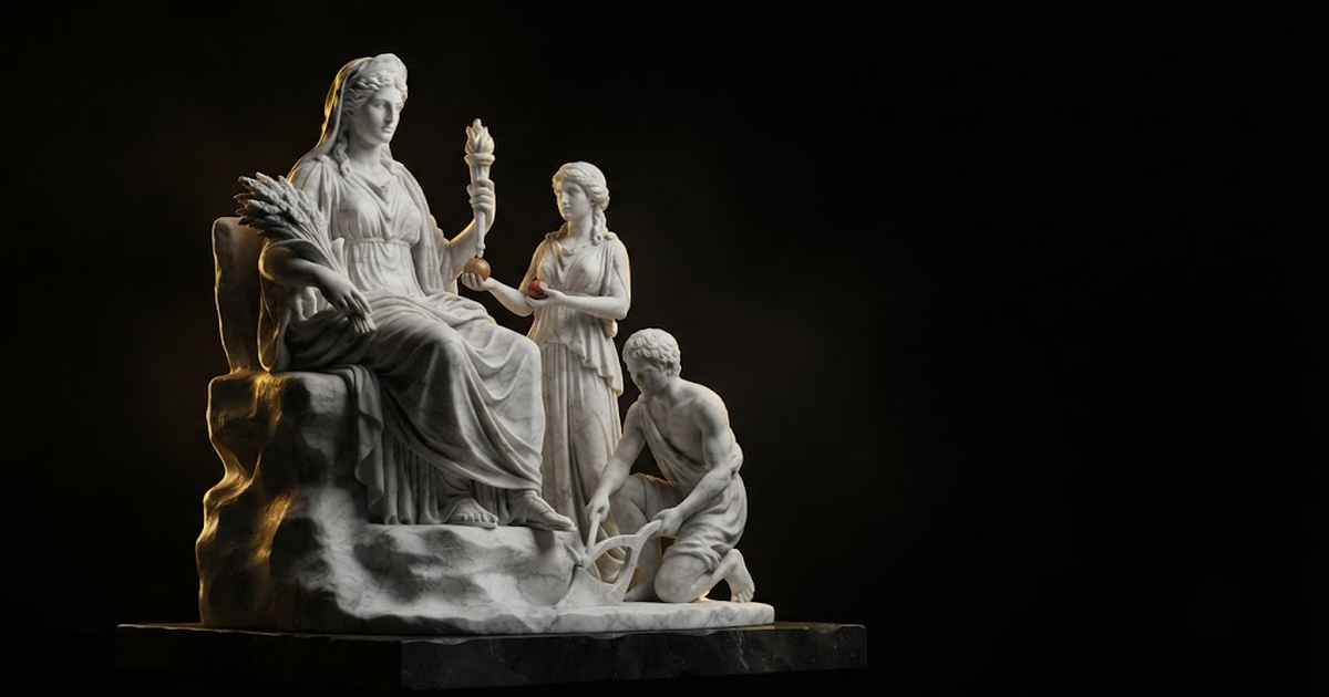 Classical marble scene, Demeter, gold rim light on void black