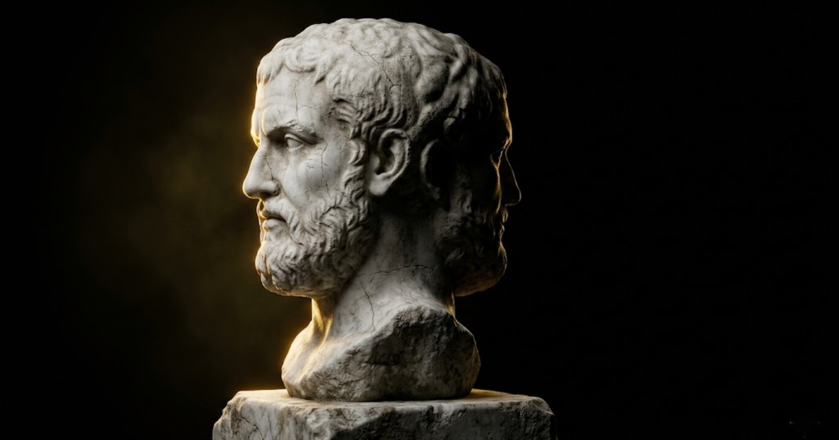 A two-faced classical marble bust split between gold rim light and total shadow against pure black