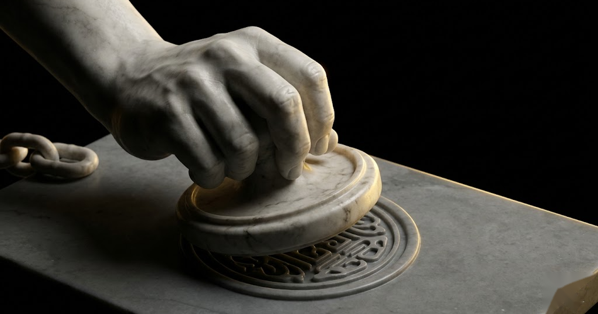 A marble hand pressing a signet seal onto a stone tablet, gold light catching the seal, against pure black