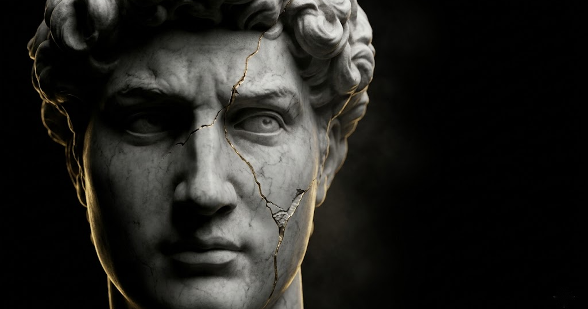 Close-up of a cracked classical marble face lit by a thin gold rim light against pure black, the fracture line emphasised.