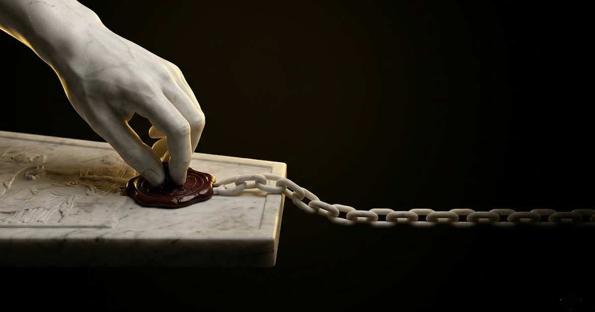 A marble hand pressing a seal, an unbroken chain of marble links trailing into darkness, gold rim light on the links.