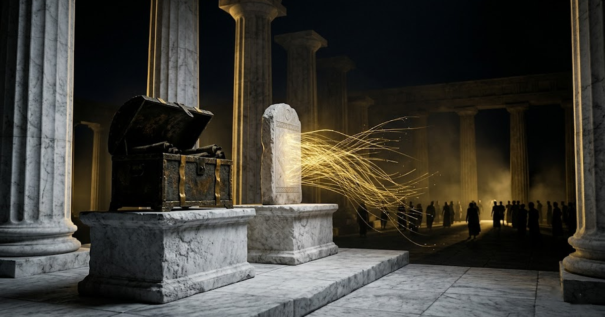 A closed bronze chest of private scrolls beside an open glowing stone stele whose golden light reaches distant onlookers, set in a dark marble courtyard.