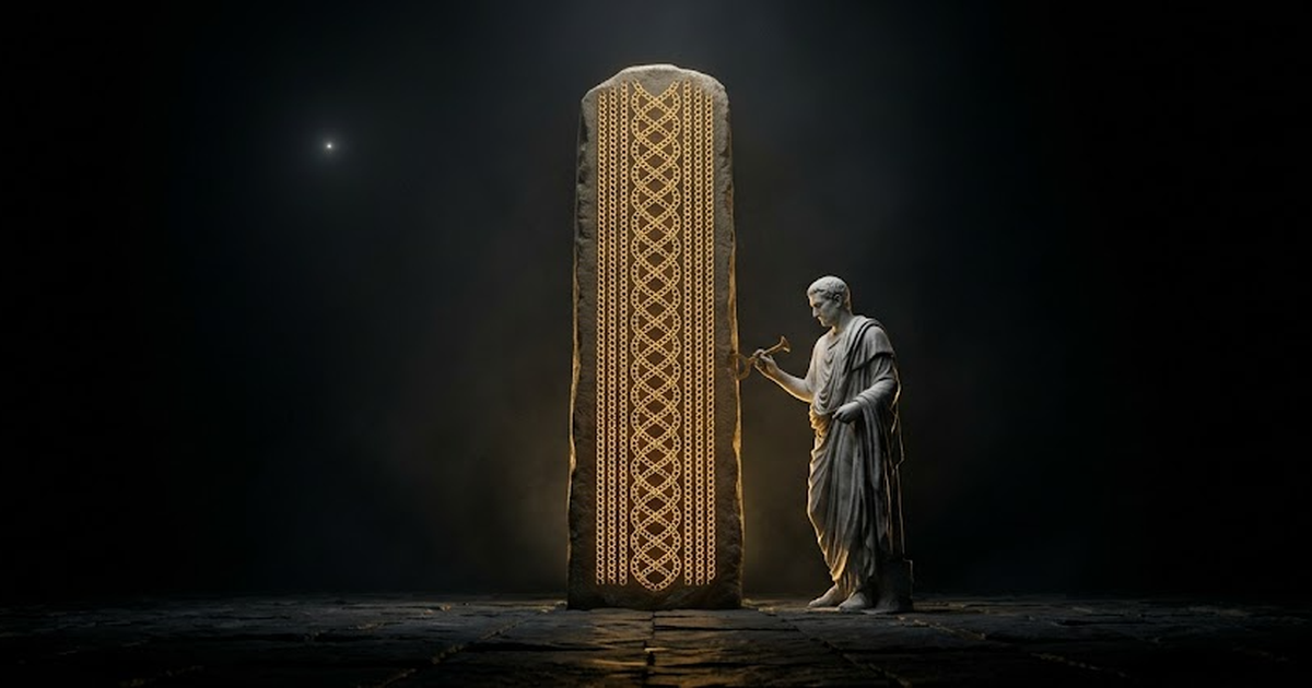 A solitary magistrate inspects a tall stele covered in an unbroken vertical chain of glowing gold links, with a single distant point of light above it.