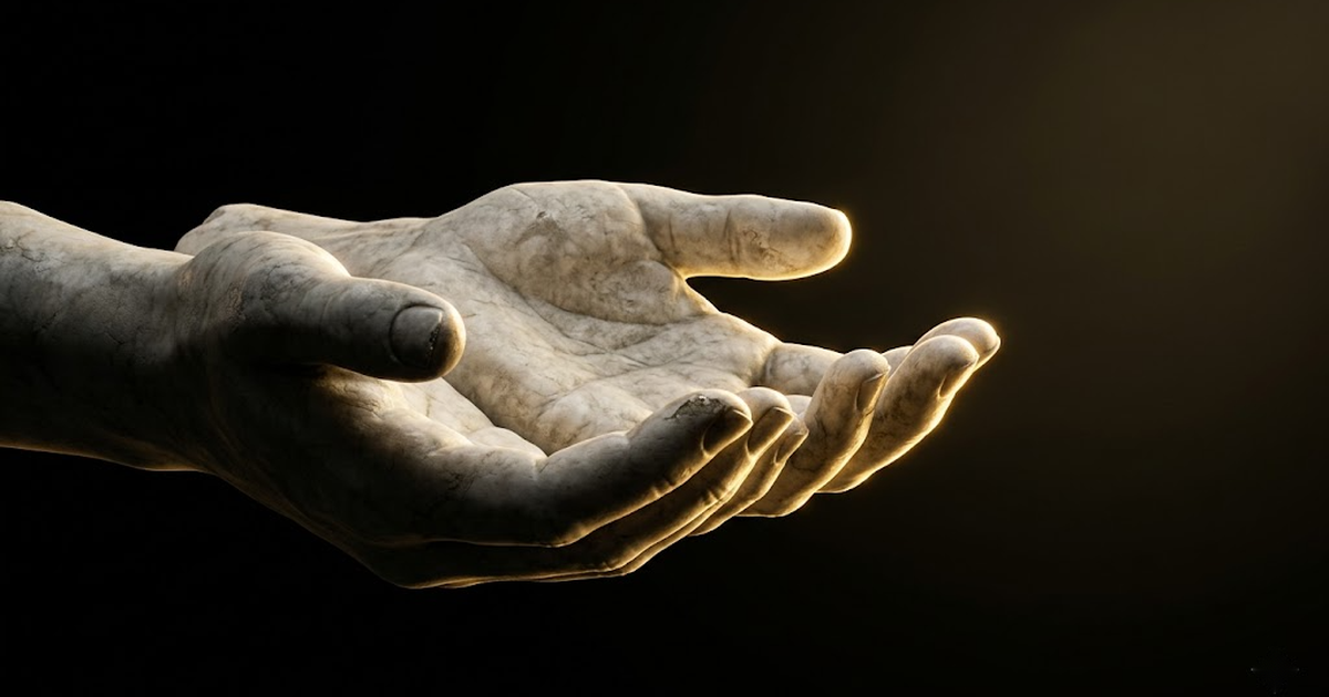 Two open marble hands, empty and rim-lit in gold against black, evoking rented capability that can be withdrawn