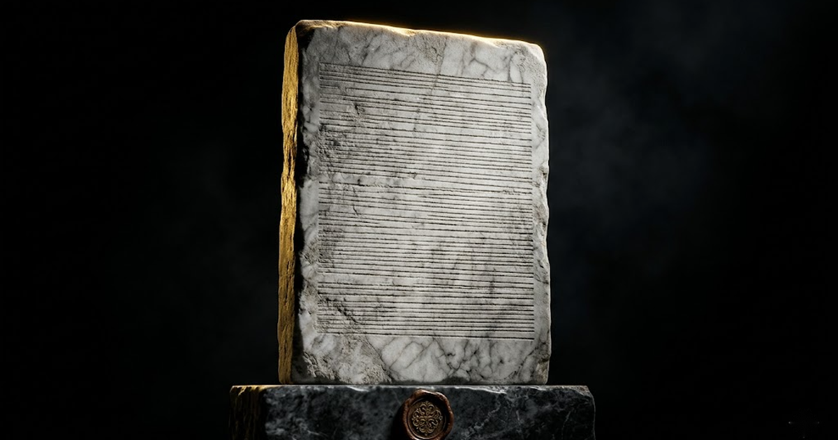 A classical marble sealed tablet rim-lit in gold against black, evoking a signed, tamper-evident record