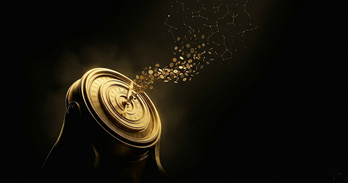 A colossal golden meter or counter dissolving into constellations against void black, coins of light streaming upward into shadow