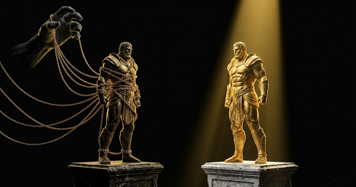 Two titan figures of gold against black, one bound by golden chains to a distant hand, the other standing free on its own pedestal of marble and light