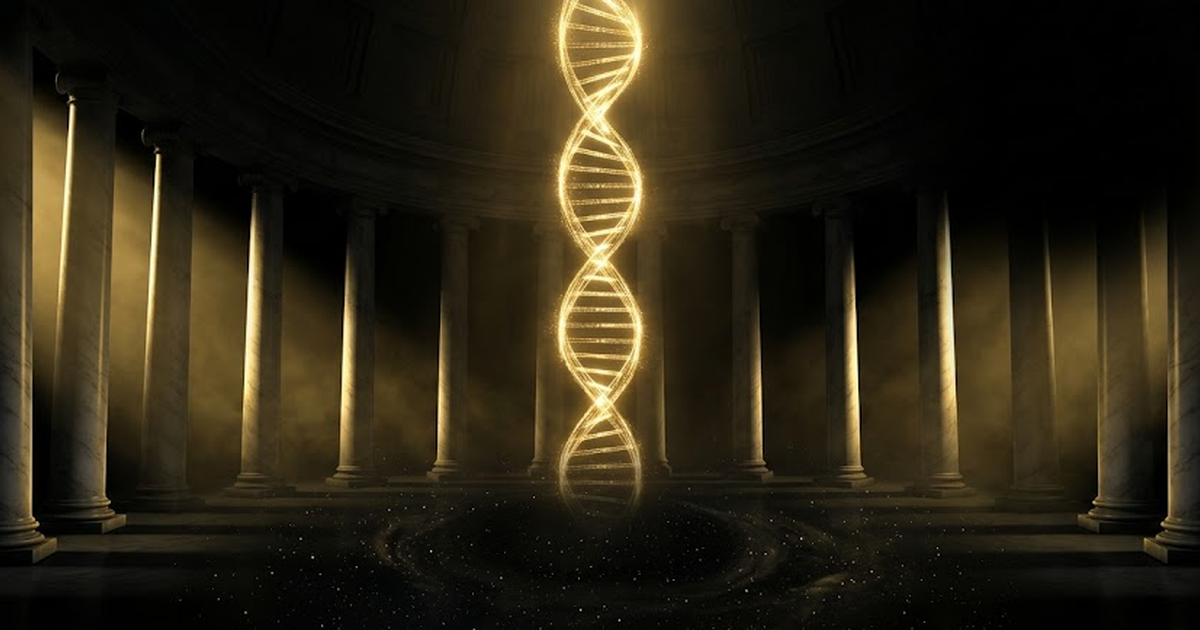 A golden double helix of light rising through a darkened pantheon of marble columns, each column lit by a single shaft of gold against the void