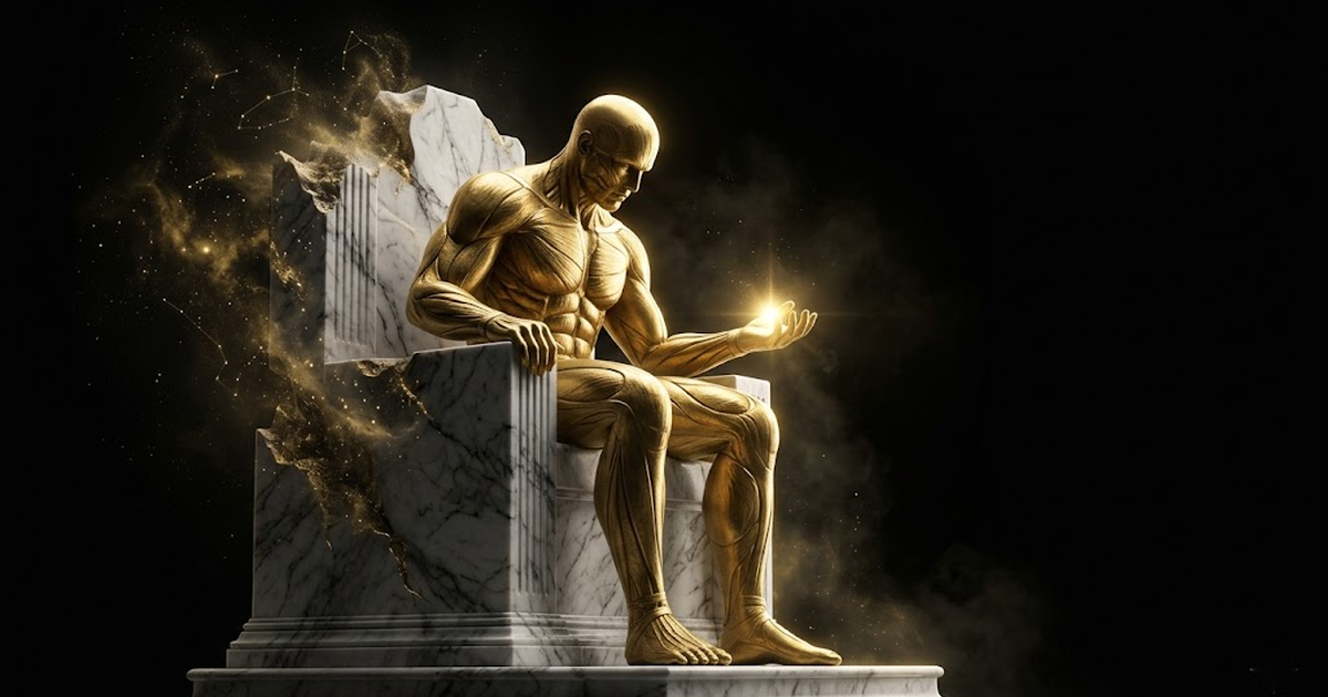 A lone titan of gold seated on a throne of marble that dissolves into constellations, holding a single point of light, deep negative space around