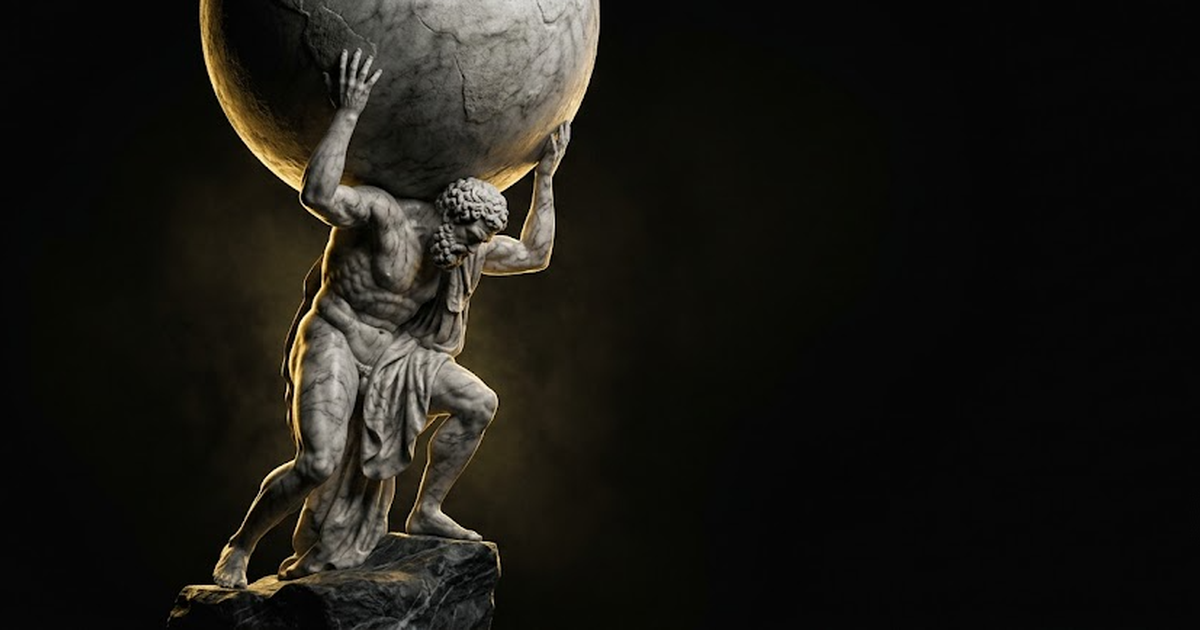 A colossal marble figure of Atlas holding a heavy sphere on his shoulders lit by gold light against black