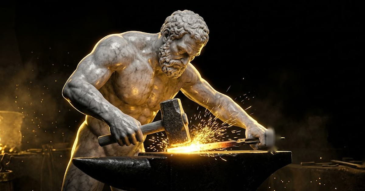 A colossal marble Hephaestus at a dark forge shaping metal under gold sparks against a black background