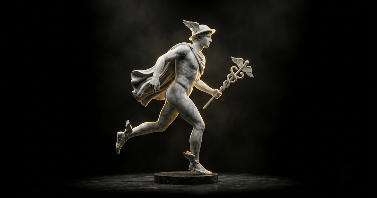 A colossal marble Hermes mid-stride with winged sandals held within a bounded space of gold light on black