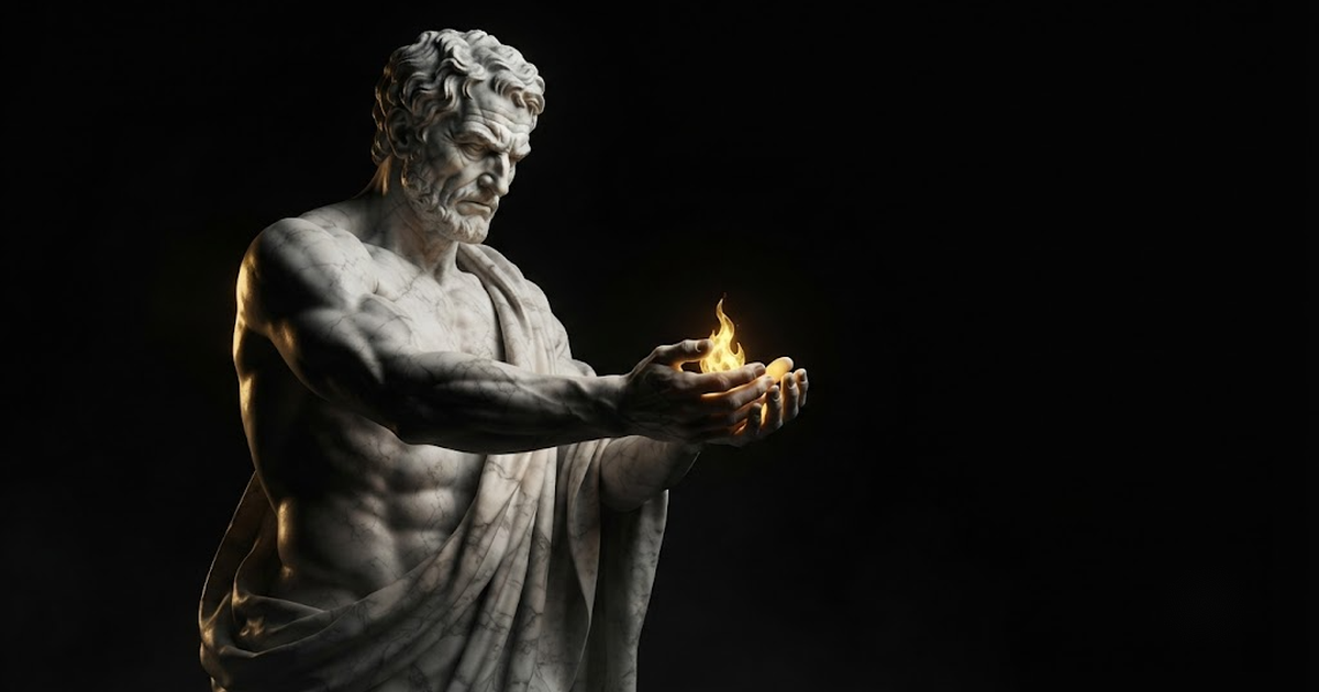 A colossal marble statue of Prometheus holding a single contained flame against a black background lit in gold