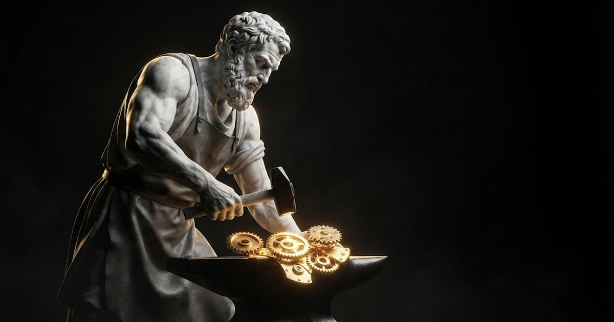 A colossal marble statue of Hephaestus at a dark forge shaping separate components in gold light