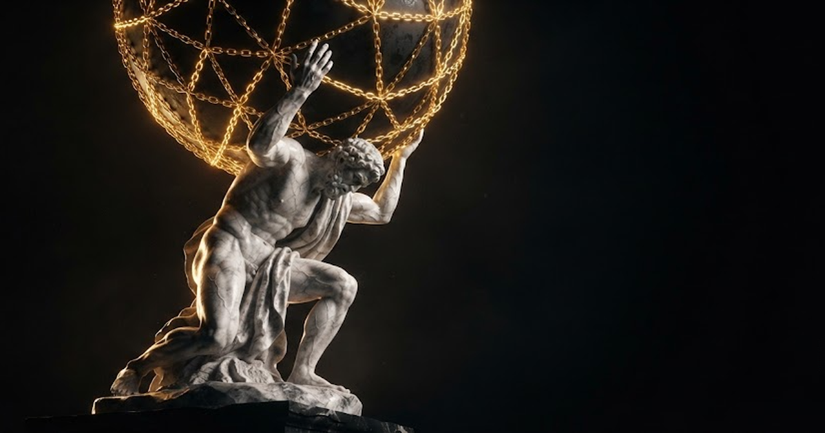 A colossal marble statue of Atlas holding a dark sphere carved with a chained lattice under gold light
